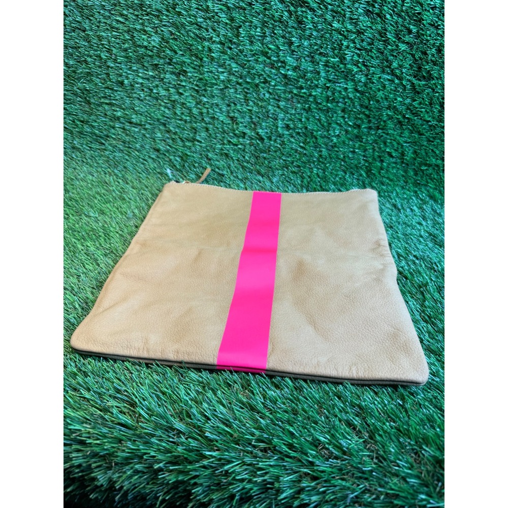 Clare V Foldover Clutch Camel Nubuck Neon Pink Stripe Leather Bag Made in USA